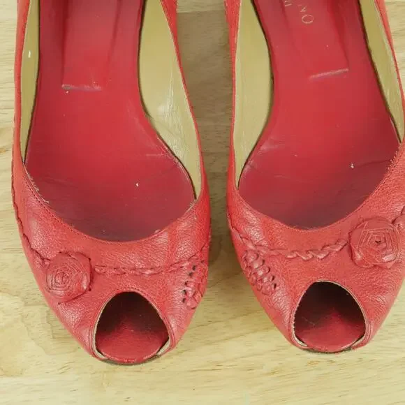 Valentino Garavani 38 Shoes Slip On Ballet Flats Peep Toe Red Leather Luxury - Picture 7 of 16